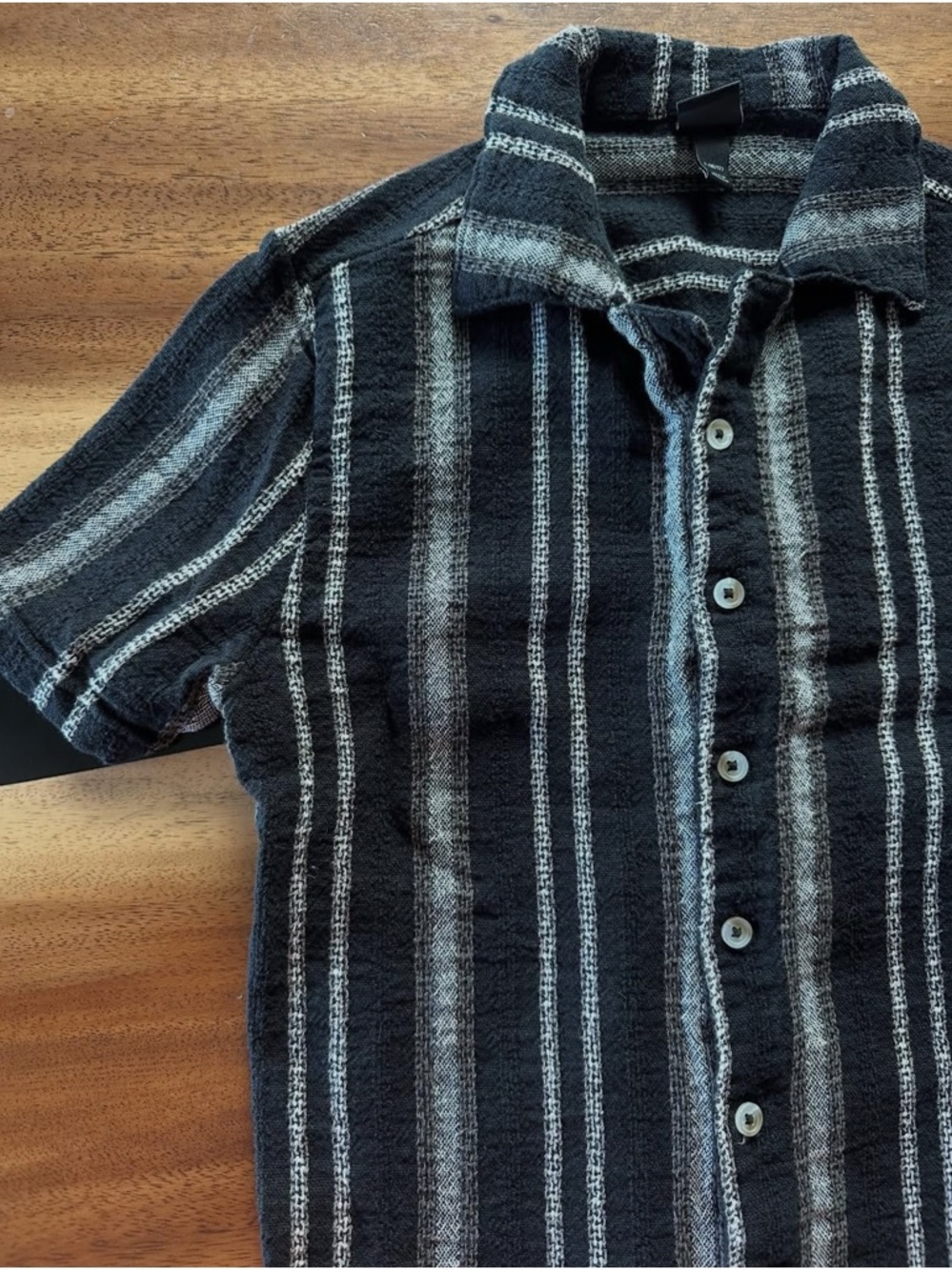 Black and Gray Striped Short-Sleeve Button Down Shirt